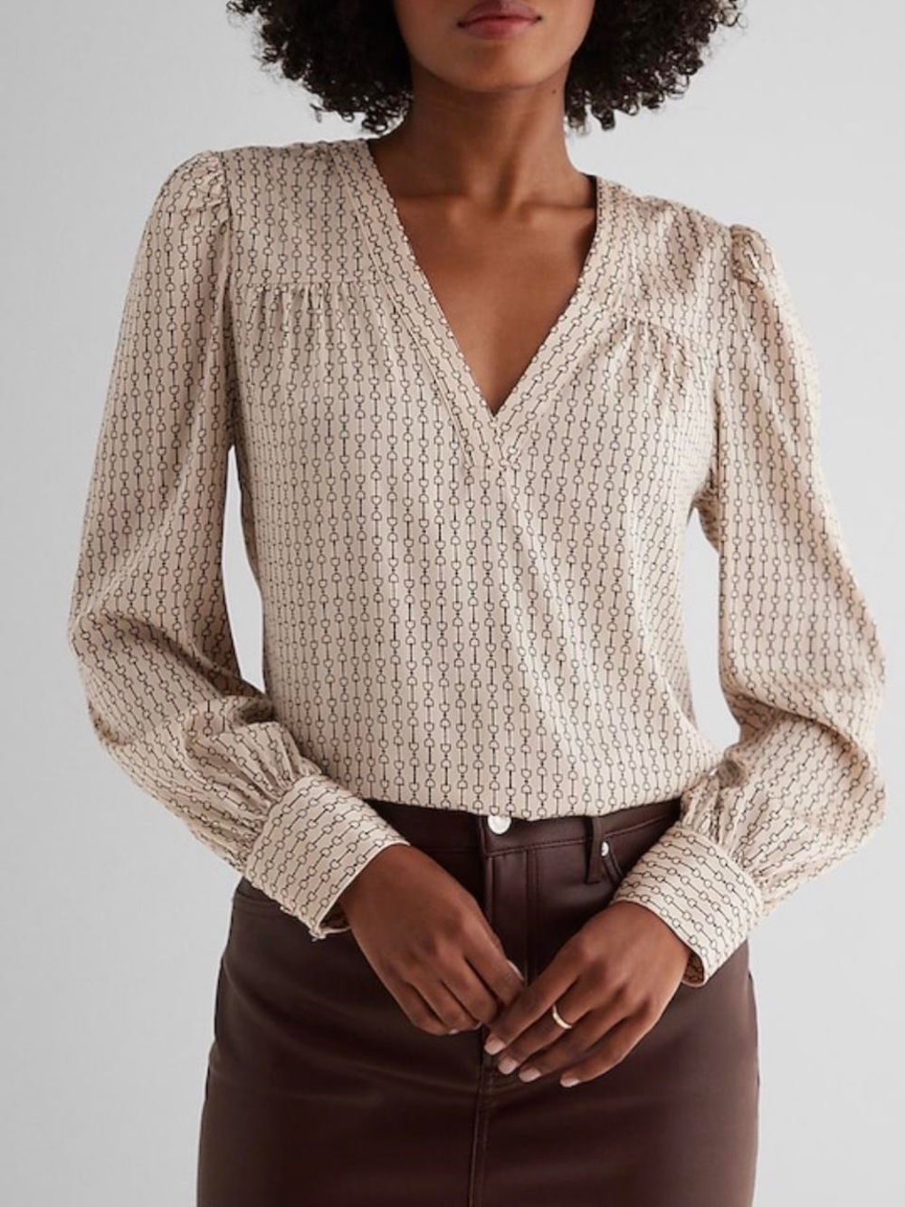 Express Beige and Black Printed V-Neck Blouse